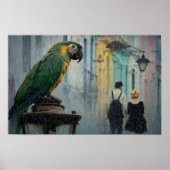 Rainy Romance with Parrot – Parrot on Lamp in Rain Poster (Voorkant)