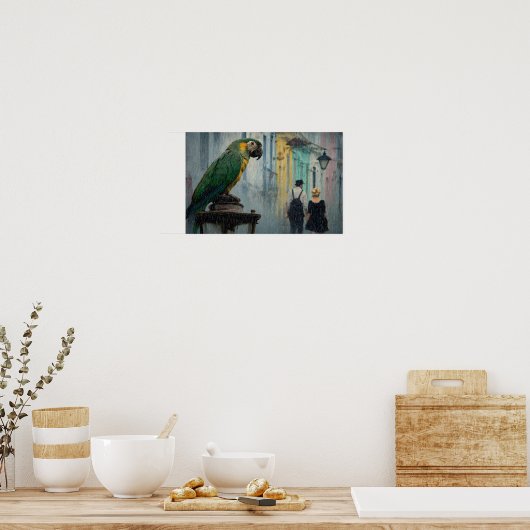 Rainy Romance with Parrot – Parrot on Lamp in Rain Poster (Keuken)