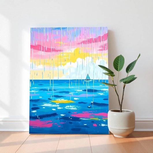 Rainy Seascape Wall Art – Minimale oceaanprint Canvas Afdruk