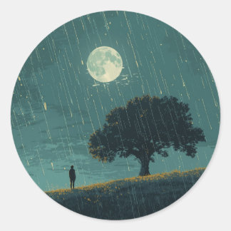 Rainy Solitude – Lonely Person & Tree Illustration Ronde Sticker