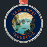 Raja Ampat Indonesië Boot Retro Noodcirkel Metalen Ornament<br><div class="desc">Raja Ampat in een vectorkunststijl. Raja Ampat,  of "De Vier Koningen",  is een archipel van meer dan 1.500 eilanden in de Indonesische provincie West-Papoea.</div>