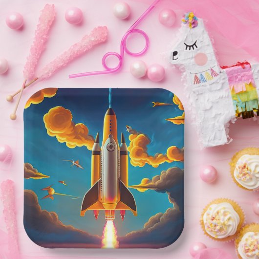 Raket bij zonsondergang papieren bordje (Feest)