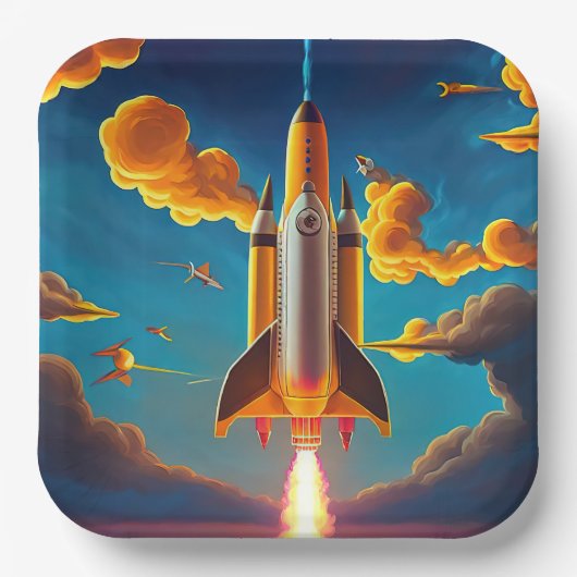 Raket bij zonsondergang papieren bordje (Voorkant)