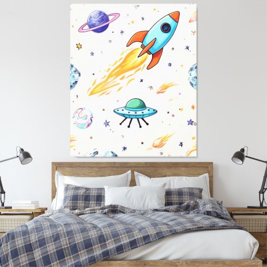 Raket- en UFO-ruimtepatroon | Planeten, sterren en Canvas Afdruk (Insitu (Slaapkamer))