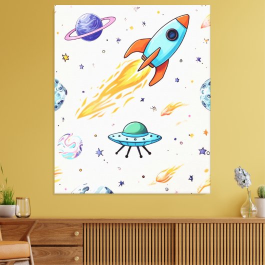 Raket- en UFO-ruimtepatroon | Planeten, sterren en Canvas Afdruk (Insitu (Woonkamer))