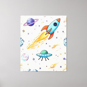 Raket- en UFO-ruimtepatroon Planeten, sterren en Canvas Afdruk