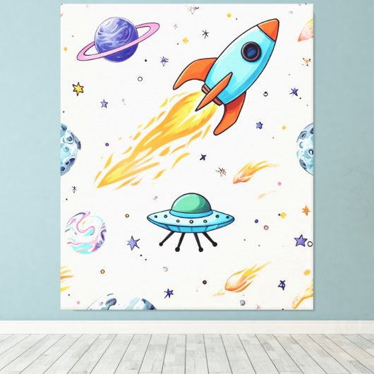 Raket- en UFO-ruimtepatroon | Planeten, sterren en Canvas Afdruk (Insitu (Houten vloer))