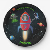 Raket met foto | Verjaardag UFO astronaut Papieren Bordje (Voorkant)