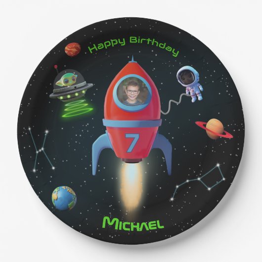 Raket met foto | Verjaardag UFO astronaut Papieren Bordje (Voorkant)