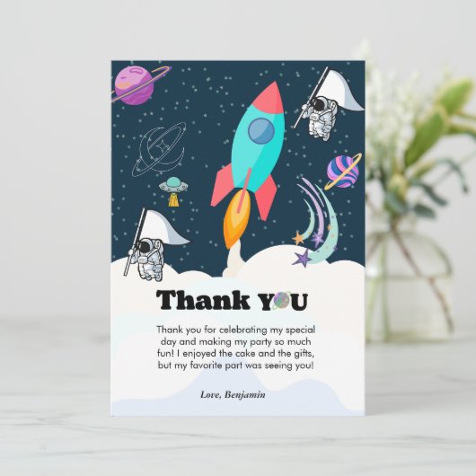 Raket planeet sterrenstelsel & buitenruimte dank u aankondiging (Staand voorkant)