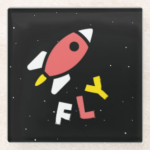 Raket - Red & Geel Abstract Pop Art. FLY! Glazen Onderzetter