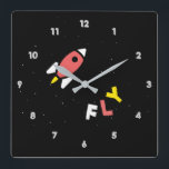 Raket - Red & Geel Abstract Pop Art. FLY! Vierkante Klok<br><div class="desc">Retro,  pop,  kleurrijke creatie van een Rocket,  Square Clock. Speciaal thema van de kleur rood,  geel en wit,  met een eenvoudig maar elegant pictogram met de titel kunst. Originele digitale kunst van Raphael Studio - 'Rocket'. Retro pop stijl,  uniek ontwerp.</div>