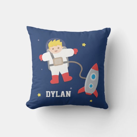 Raket Ruimte Kleine Blonde Astronaut Jongenskamer Kussen (Voorkant)