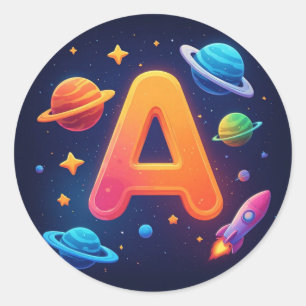 🌌 Raket Ruimte Letter A Sterren Planeten Kinderen Ronde Sticker