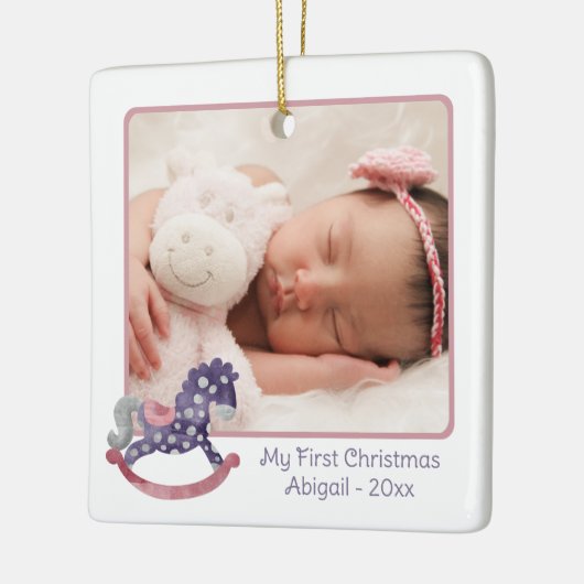 Raketend paard 2 Foto Mijn eerste kerstkind meisje Keramisch Ornament (Links)