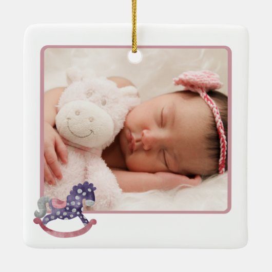 Raketend paard 2 Foto Mijn eerste kerstkind meisje Keramisch Ornament (Achterkant)