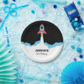 Raketlancering in buitenruimtescheppen op zaterdag papieren bordje (Feest)