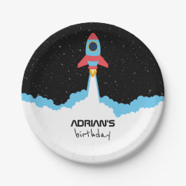 Raketlancering in buitenruimtescheppen op zaterdag papieren bordje