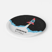 Raketlancering in buitenruimtescheppen op zaterdag papieren bordje (Gekanteld)