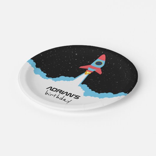 Raketlancering in buitenruimtescheppen op zaterdag papieren bordje (Gekanteld)