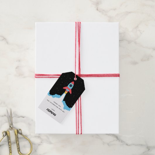 Raketlancering in buitenruimteveer cadeaulabel (Met Touw)