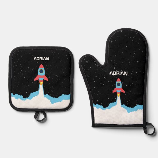 Raketlancering in Kind voor buitenruimte Ovenwant & Pannenlap Set (Voorkant)