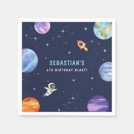 Raketschip Astronaut Verjaardagsfeestje Waterverf Servet (Voorkant)
