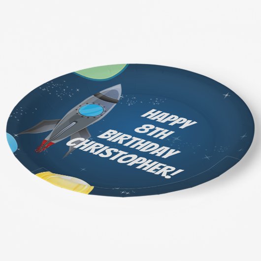 Raketschip buitenruimte papieren bordje (Gekanteld)