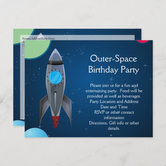 Raketschip buitenruimte uitnodiging briefkaart (Voorkant / Achterkant)