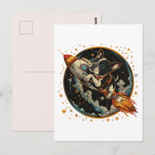 Raketschip Franse Bulldog Astronaut Briefkaart (Voorkant / Achterkant)