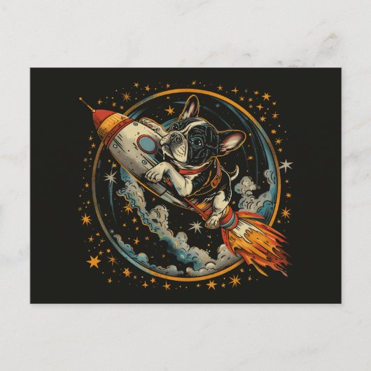 Raketschip Franse Bulldog Astronaut Briefkaart (Voorkant)