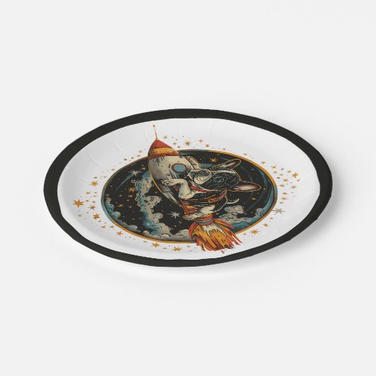 Raketschip Franse Bulldog Astronaut Papieren Bordje (Gekanteld)