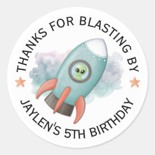 Raketschip Groene Alien Verjaardagsstickers Ronde Sticker