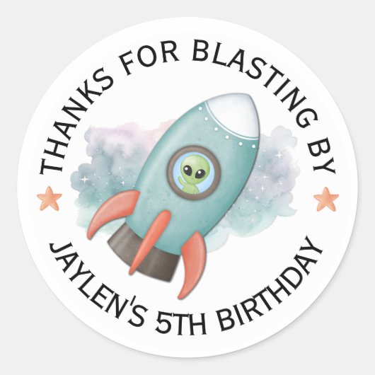 Raketschip Groene Alien Verjaardagsstickers Ronde Sticker (Voorkant)