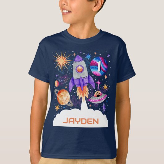 Raketschip Planets UFO en Astronaut Space Boys T-shirt (Voorkant)