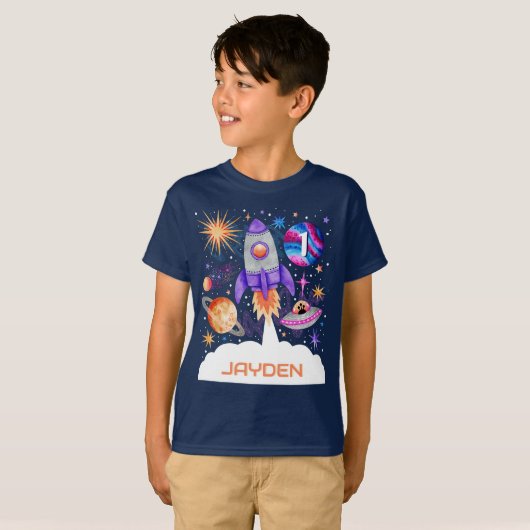 Raketschip Planets UFO en Astronaut Space Boys T-shirt (Voorkant volledig)