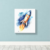 Raketschip vliegend door de Waterverf van sterren Canvas Afdruk (Insitu (Houten vloer))