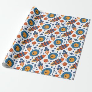 Raketten Sterren en Planeten Oranje en Blauw Cadeaupapier