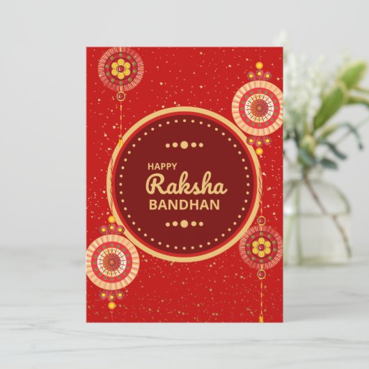 Raksha Bandhan bericht: Helderrood en goud Feestdagenkaart (Staand voorkant)