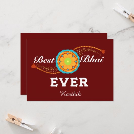 Raksha bandhan kaart met naam en bericht, Rakhi (Voorkant / Achterkant in situ)