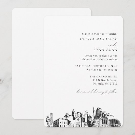 Raleigh Bruiloft Elegante Skyline Uitnodiging (Voorkant / Achterkant)