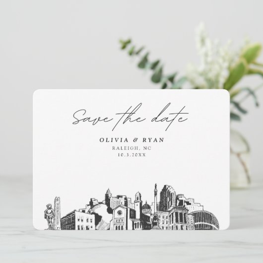 Raleigh Bruiloft Modern Save the Date Kaart (Staand voorkant)