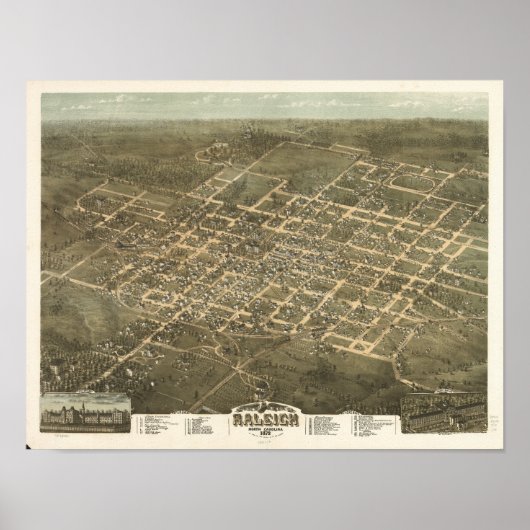 Raleigh N. Carolina 1872 Antiek Panoramic Map Poster (Voorkant)