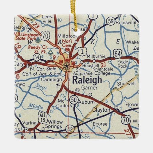 Raleigh NC Map Keramisch Ornament (Voorkant)