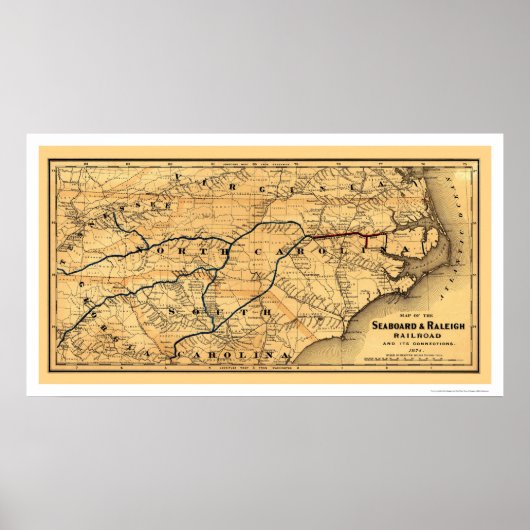 Raleigh Railroad Map 1874 Poster (Voorkant)