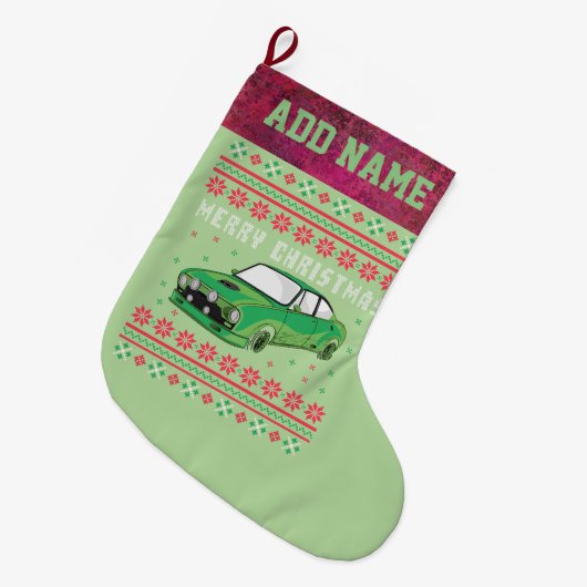 Rally Car Ugly KerstSweater Grote Kerstsok (Voorkant (Hangend))