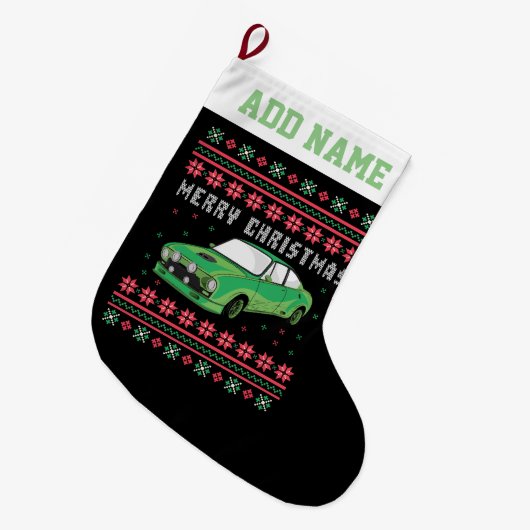 Rally Car Ugly KerstSweater Grote Kerstsok (Voorkant (Hangend))