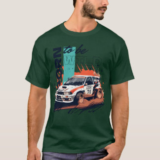 Rally competition car in a race kicking up dust gi t-shirt
