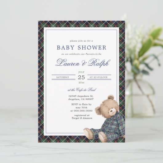 Ralph Plaid Teddy Bear Boy Navy Preppy Baby Shower Kaart (Staand voorkant)