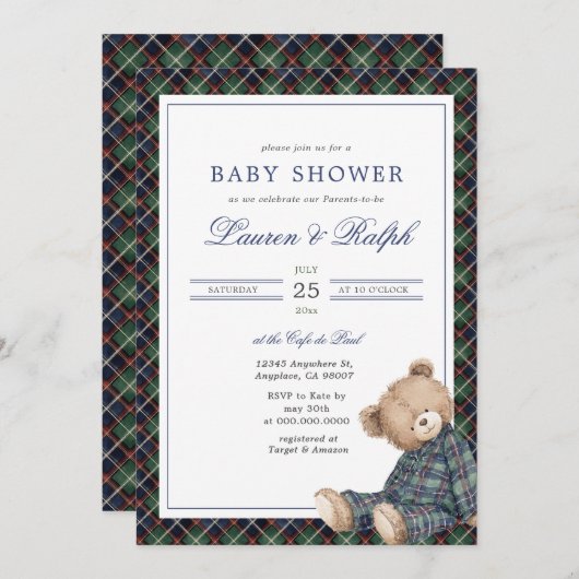 Ralph Plaid Teddy Bear Boy Navy Preppy Baby Shower Kaart (Voorkant / Achterkant)